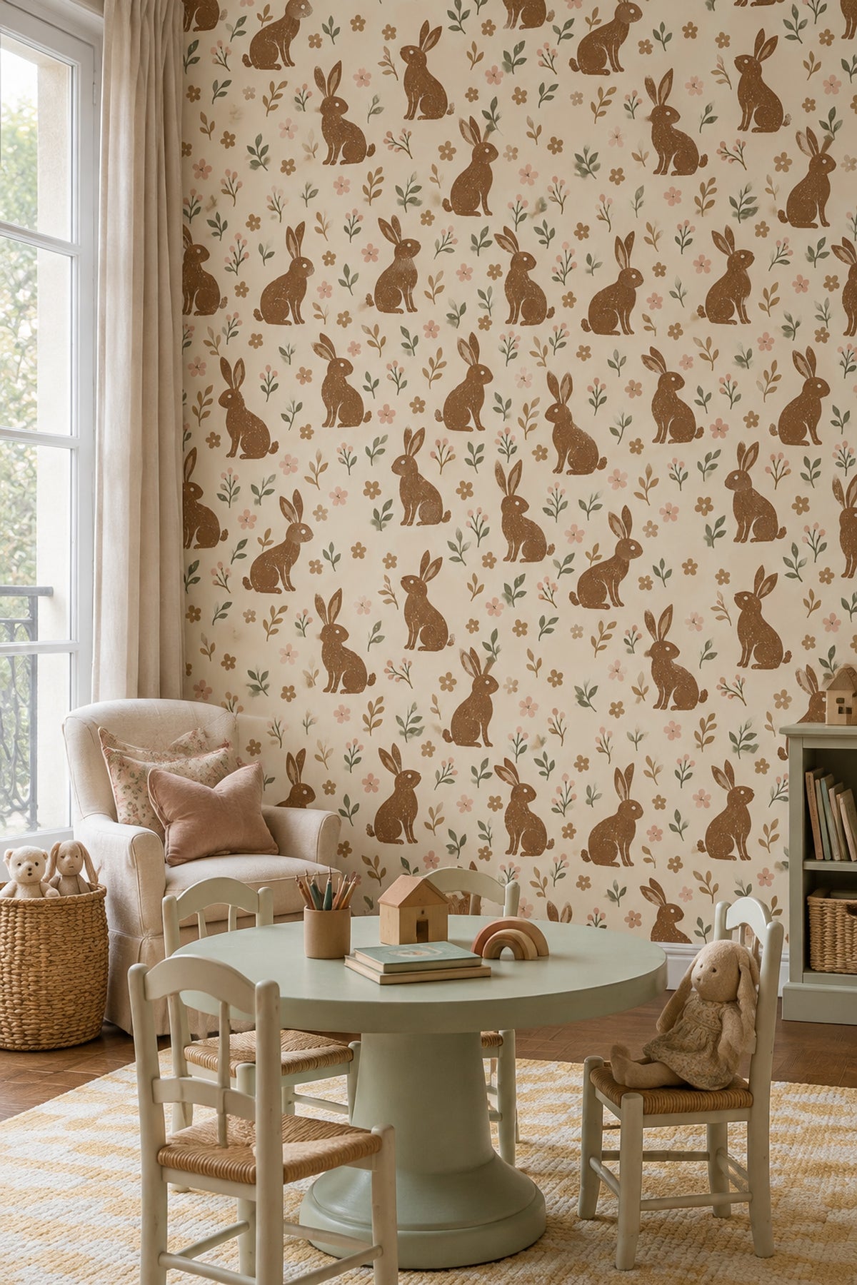 Bunny Wallpaper Vintage Floral Botanical Cream Background