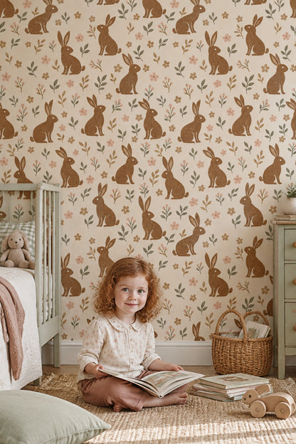 Bunny Wallpaper Vintage Floral Botanical Cream Background