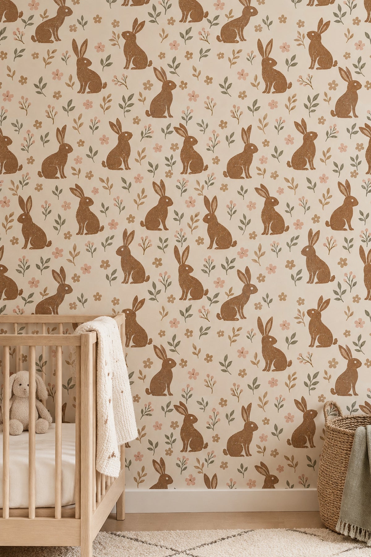 Bunny Wallpaper Vintage Floral Botanical Cream Background