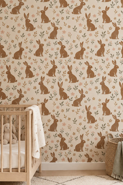 Bunny Wallpaper Vintage Floral Botanical Cream Background