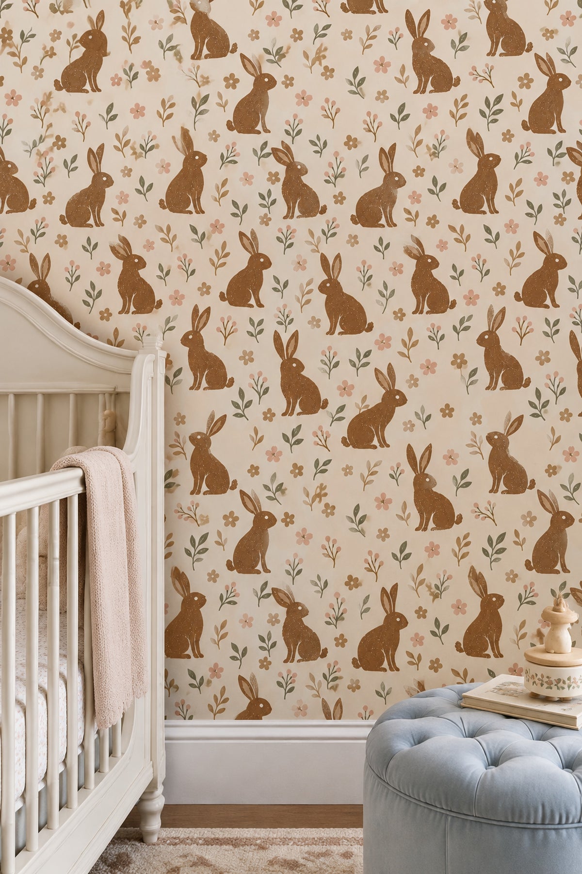 Bunny Wallpaper Vintage Floral Botanical Cream Background