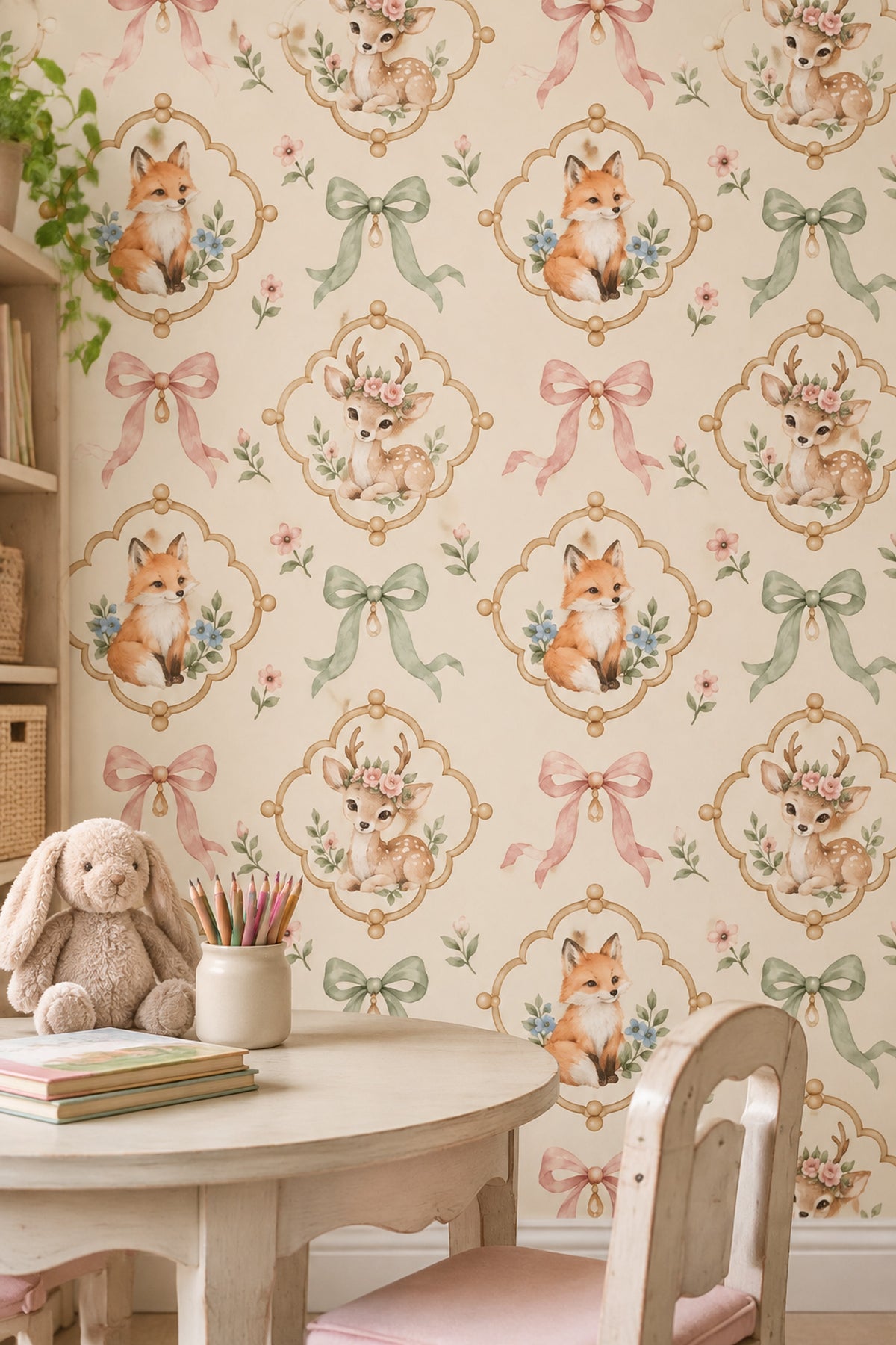 Woodland Animals Wallpaper Watercolor Medallion Pattern On Cream Background
