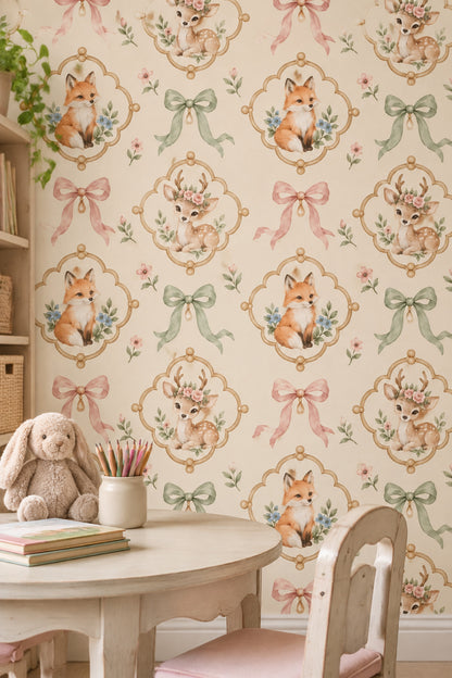 Woodland Animals Wallpaper Watercolor Medallion Pattern On Cream Background
