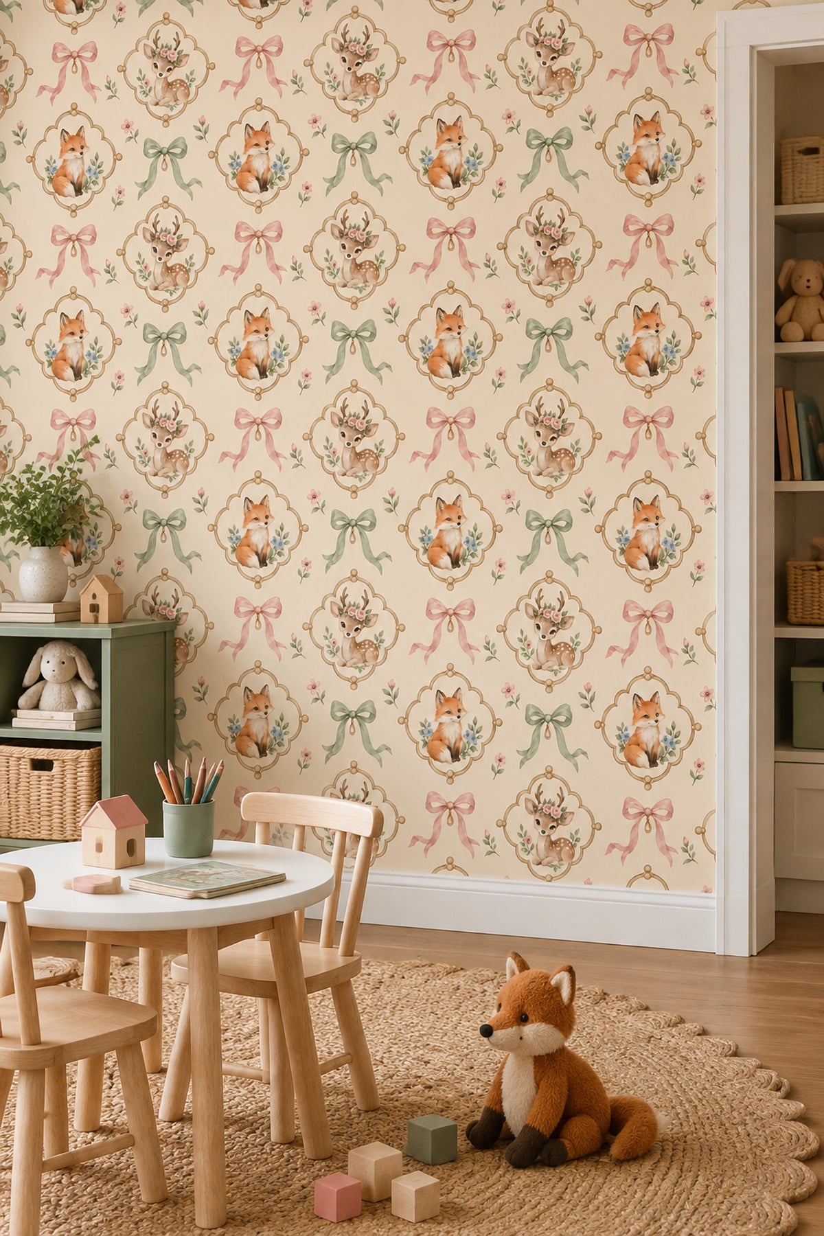 Woodland Animals Wallpaper Watercolor Medallion Pattern On Cream Background