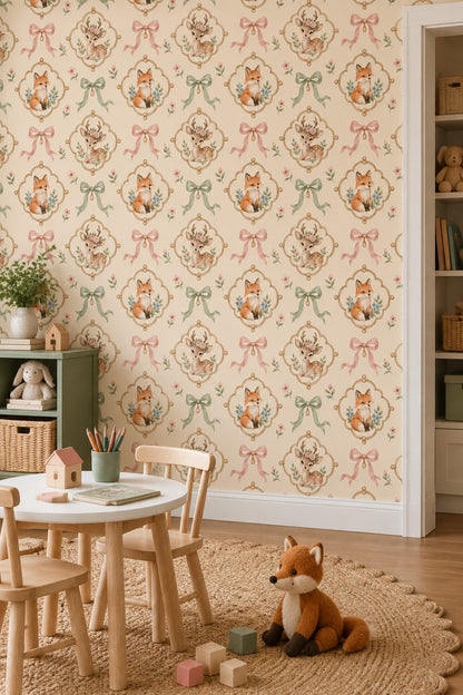 Woodland Animals Wallpaper Watercolor Medallion Pattern On Cream Background