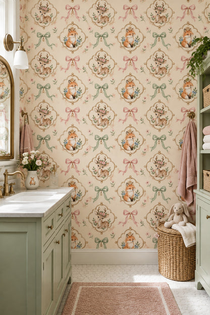 Woodland Animals Wallpaper Watercolor Medallion Pattern On Cream Background