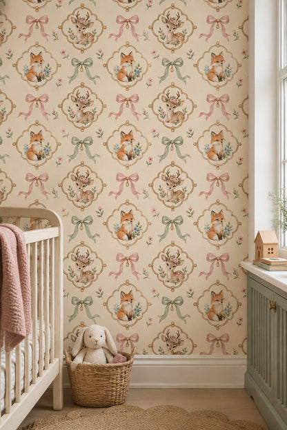 Woodland Animals Wallpaper Watercolor Medallion Pattern On Cream Background