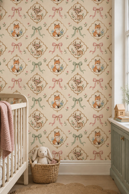 Woodland Animals Wallpaper Watercolor Medallion Pattern On Cream Background