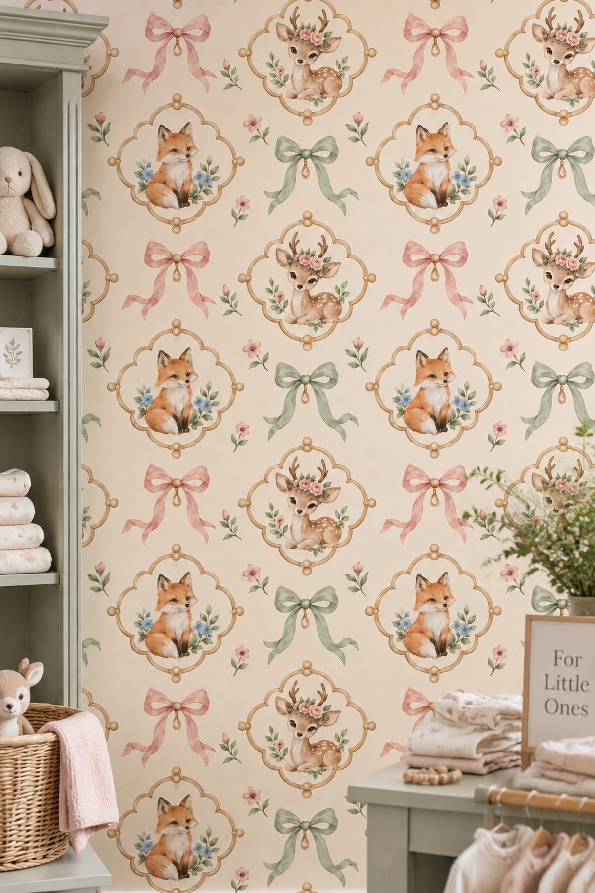 Woodland Animals Wallpaper Watercolor Medallion Pattern On Cream Background