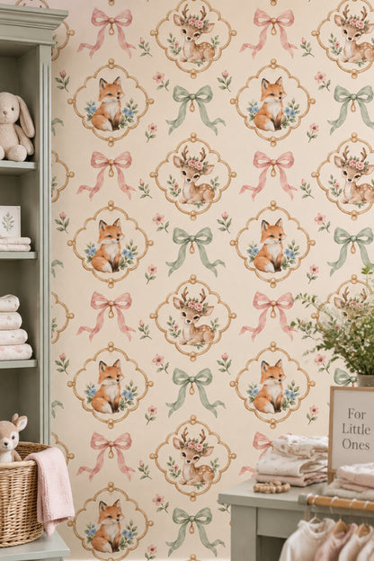 Woodland Animals Wallpaper Watercolor Medallion Pattern On Cream Background