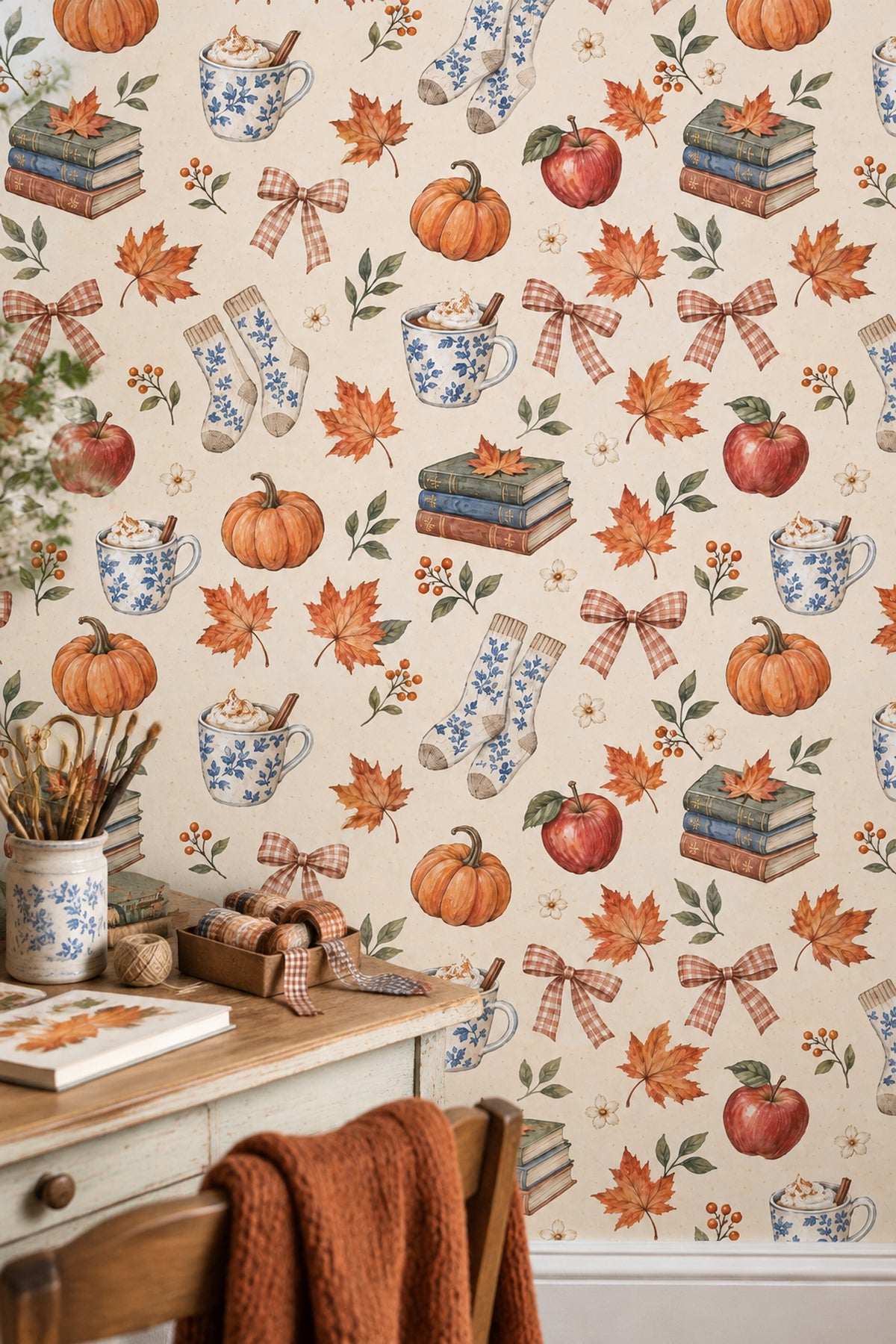 Autumn Harvest Wallpaper Cozy Watercolor Pattern
