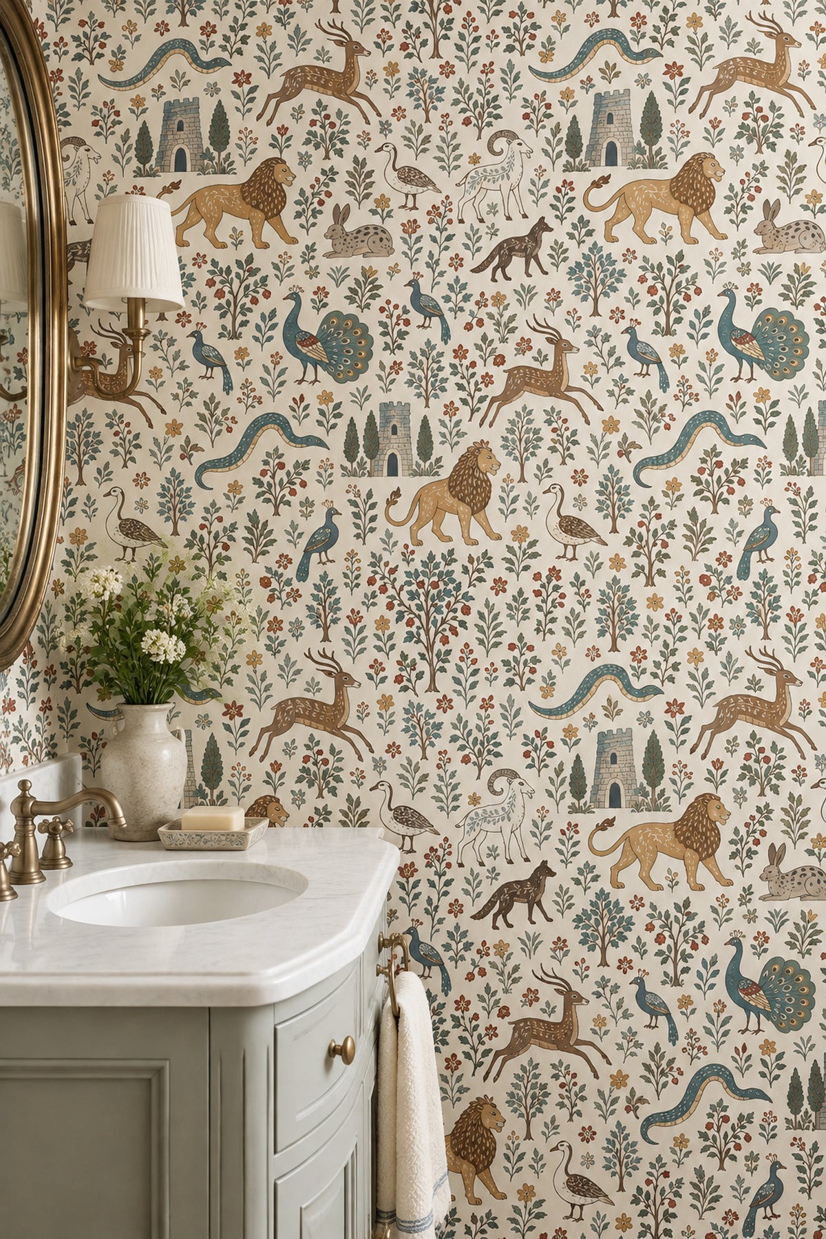 Medieval Bestiary Animals Wallpaper Ivory Background Folk Art