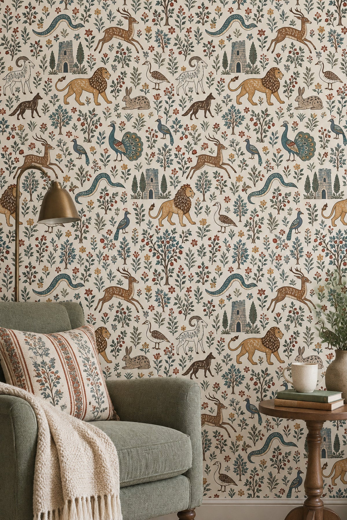 Medieval Bestiary Animals Wallpaper Ivory Background Folk Art