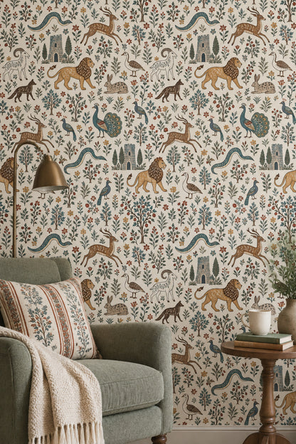 Medieval Bestiary Animals Wallpaper Ivory Background Folk Art