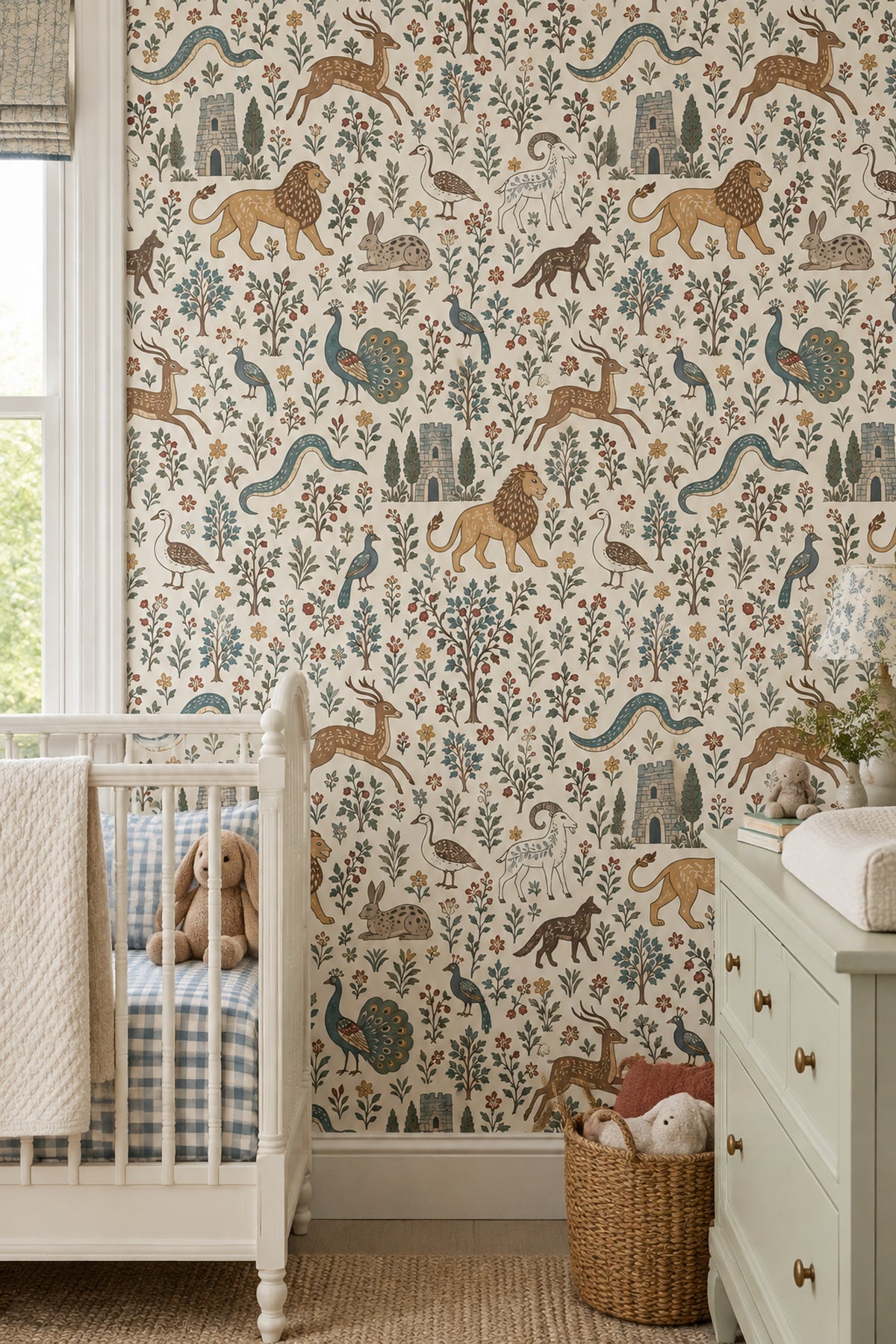 Medieval Bestiary Animals Wallpaper Ivory Background Folk Art