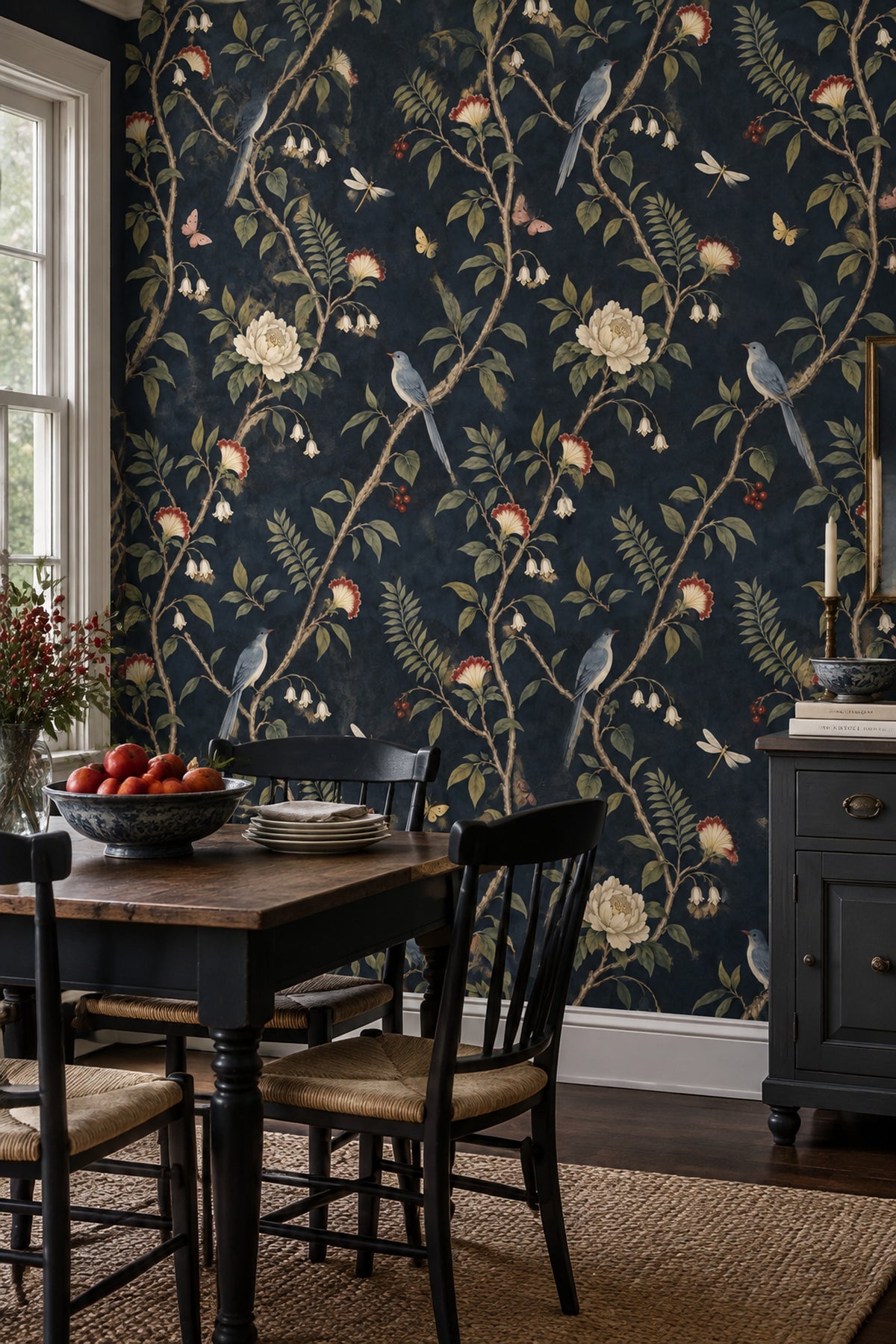 Birds And Botanicals Wallpaper Dark Navy Chinoiserie Floral