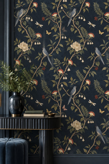 Birds And Botanicals Wallpaper Dark Navy Chinoiserie Floral