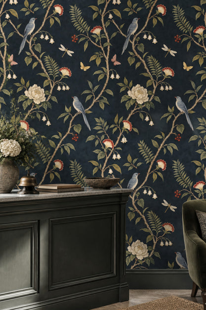 Birds And Botanicals Wallpaper Dark Navy Chinoiserie Floral