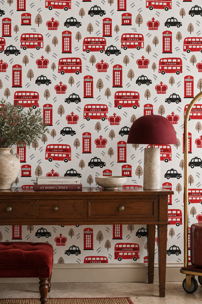 London Icons Wallpaper Red Buses And Phone Booth Pattern