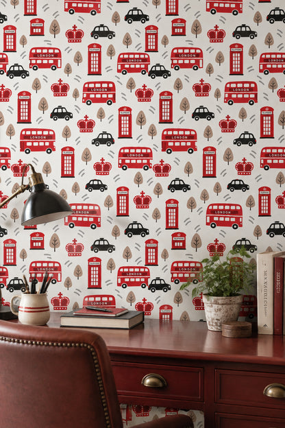 London Icons Wallpaper Red Buses And Phone Booth Pattern