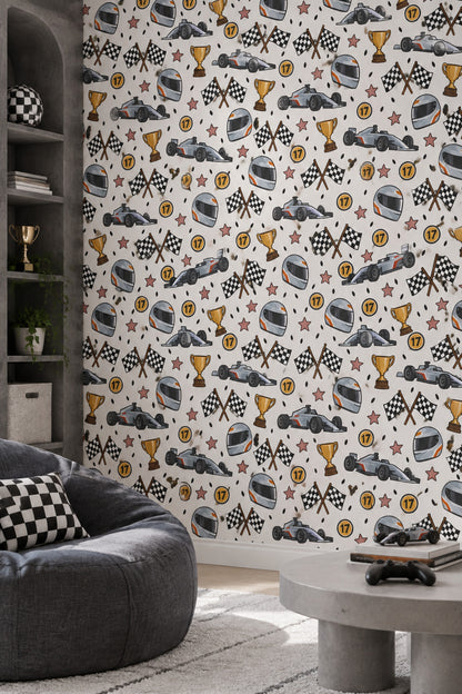 Race Car Wallpaper White Background Kids Pattern