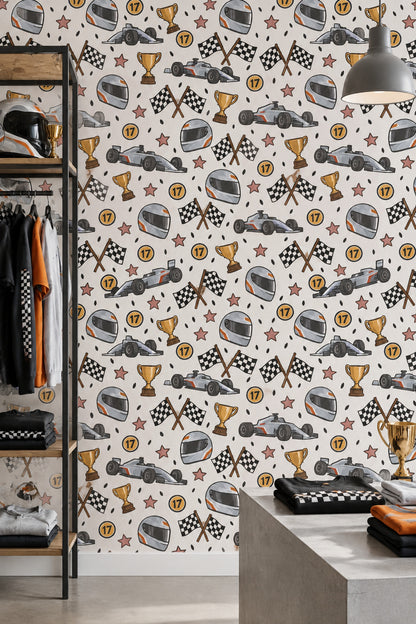 Race Car Wallpaper White Background Kids Pattern