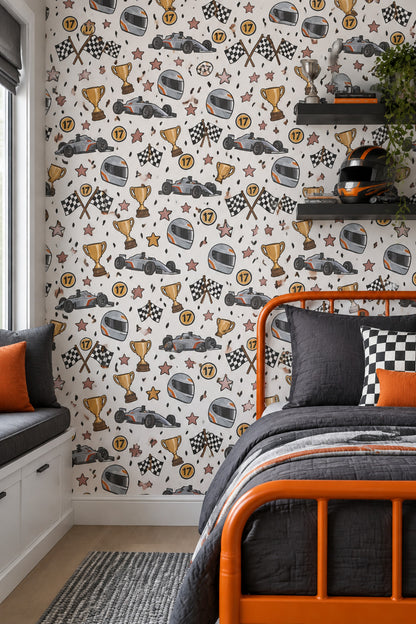Race Car Wallpaper White Background Kids Pattern