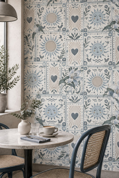 Lily Sun And Moon Wallpaper Folk Art Tile Pattern