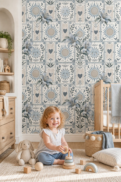 Lily Sun And Moon Wallpaper Folk Art Tile Pattern