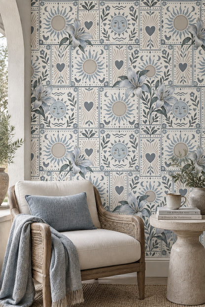 Lily Sun And Moon Wallpaper Folk Art Tile Pattern