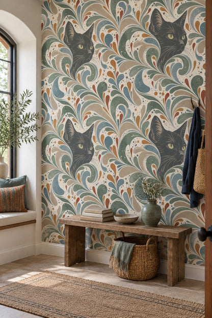 Black Cat Wallpaper Paisley Swirls On Cream Background