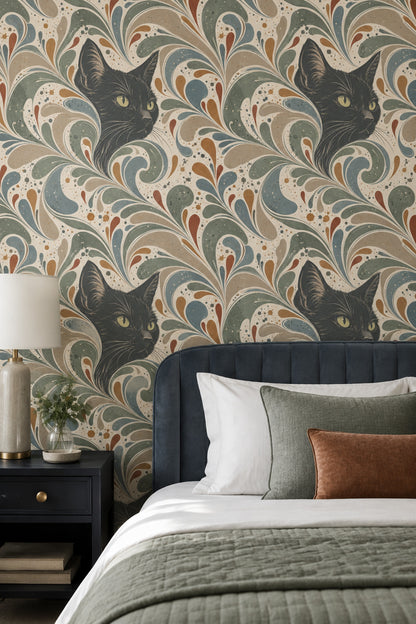 Black Cat Wallpaper Paisley Swirls On Cream Background