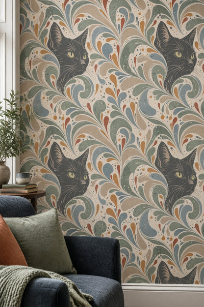 Black Cat Wallpaper Paisley Swirls On Cream Background