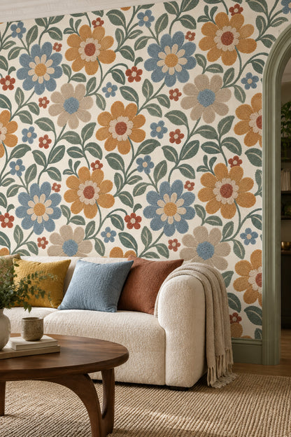 Daisy Flowers Wallpaper Vintage Garden Tufted Texture