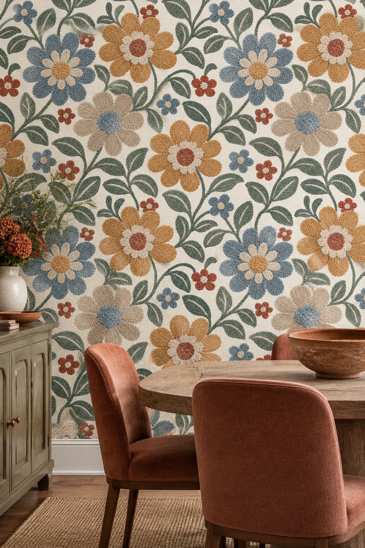 Daisy Flowers Wallpaper Vintage Garden Tufted Texture