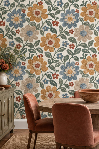 Daisy Flowers Wallpaper Vintage Garden Tufted Texture