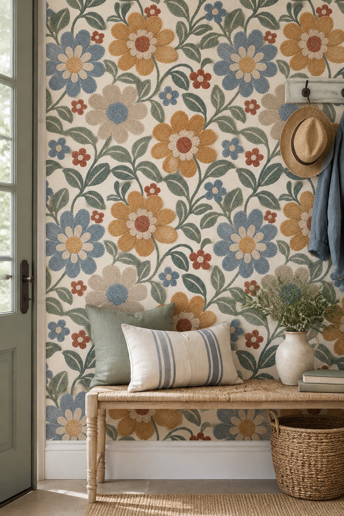 Daisy Flowers Wallpaper Vintage Garden Tufted Texture