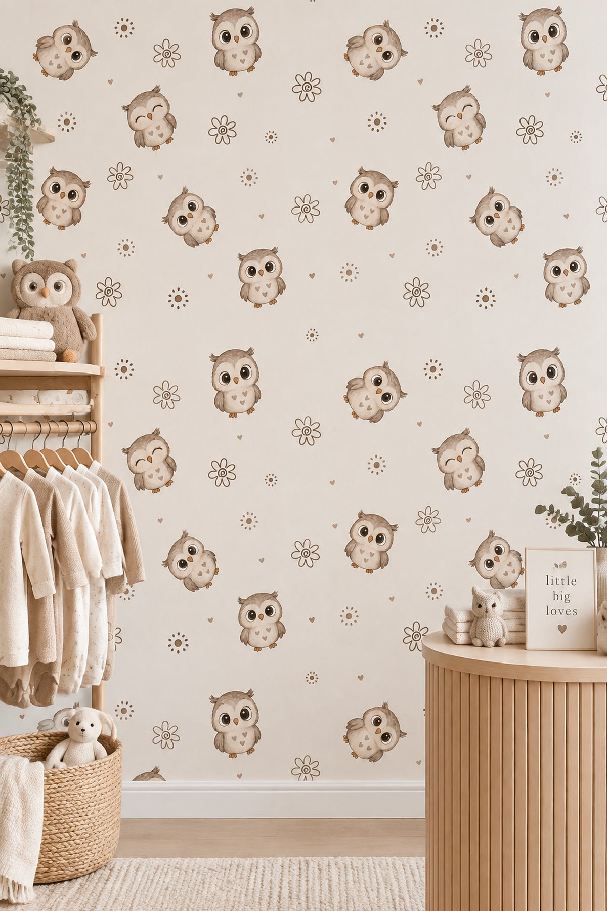 Cute Owl Wallpaper Hand Drawn Floral Pattern In Cream Beige Brown