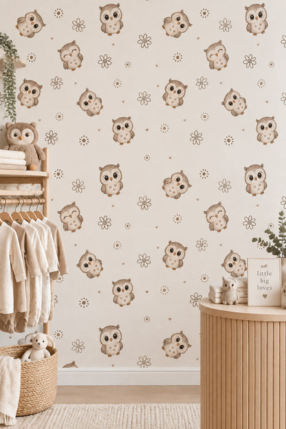 Cute Owl Wallpaper Hand Drawn Floral Pattern In Cream Beige Brown