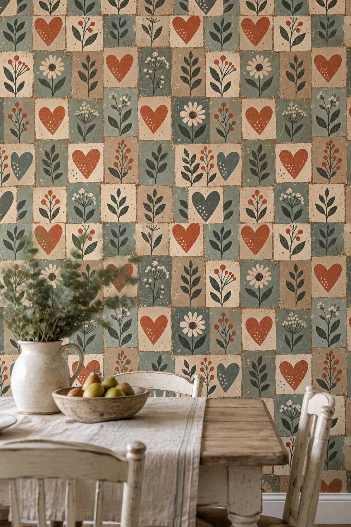 Folk Floral Hearts Wallpaper Patchwork Blocks
