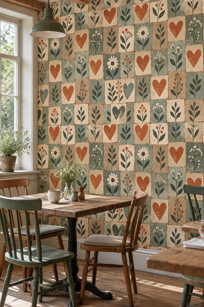 Folk Floral Hearts Wallpaper Patchwork Blocks