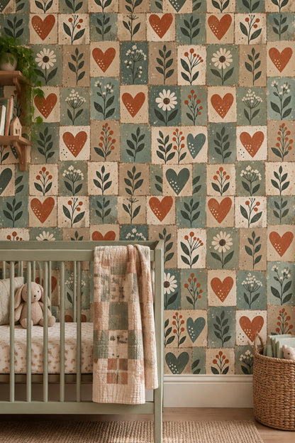 Folk Floral Hearts Wallpaper Patchwork Blocks