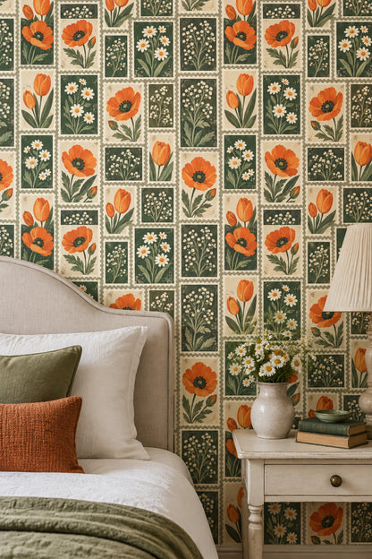 Orange Poppies Wallpaper Postage Stamp Botanical Panels Sage Green