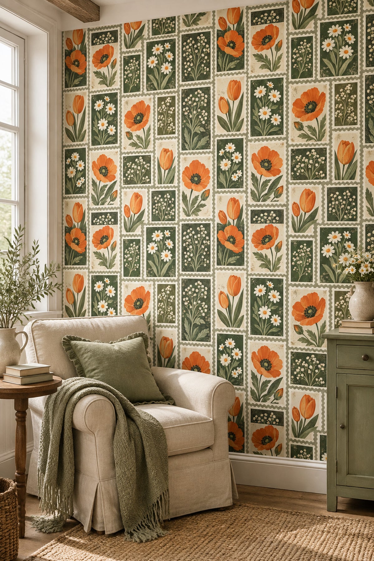 Orange Poppies Wallpaper Postage Stamp Botanical Panels Sage Green