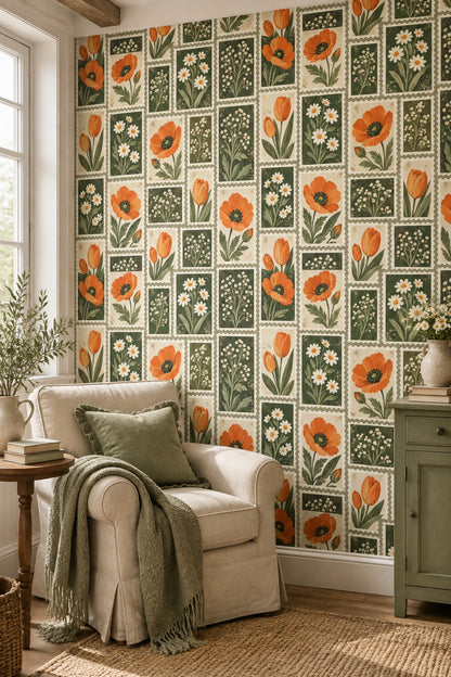 Orange Poppies Wallpaper Postage Stamp Botanical Panels Sage Green