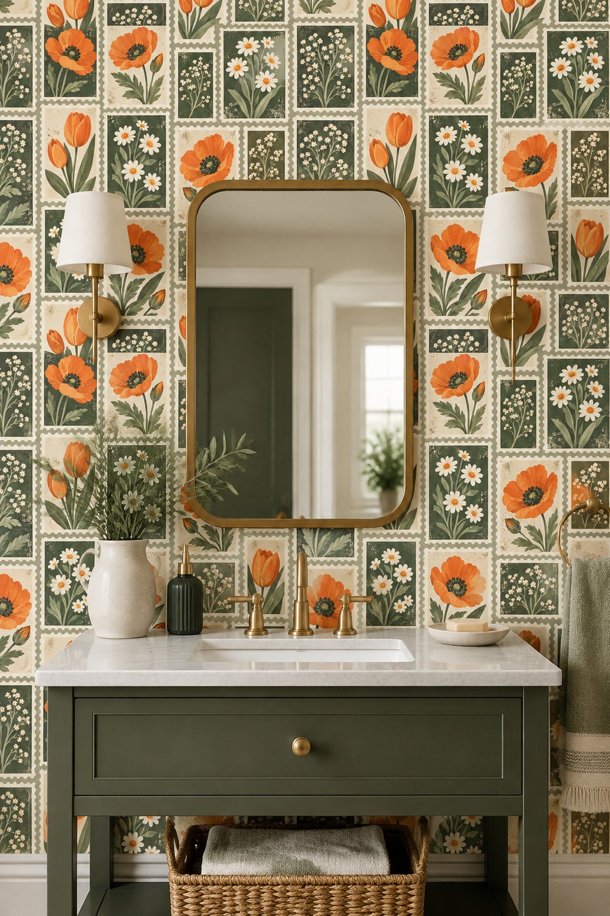 Orange Poppies Wallpaper Postage Stamp Botanical Panels Sage Green