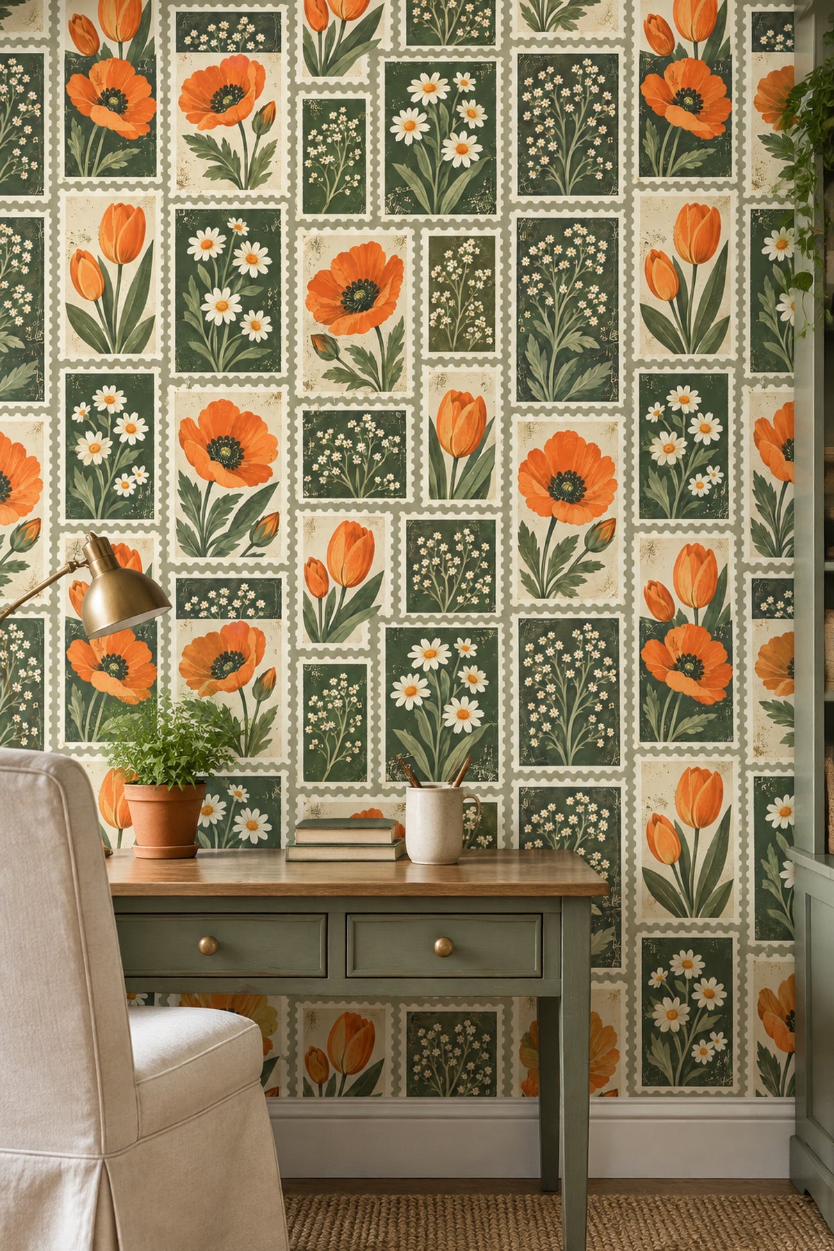 Orange Poppies Wallpaper Postage Stamp Botanical Panels Sage Green