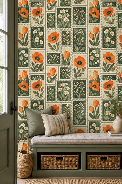 Orange Poppies Wallpaper Postage Stamp Botanical Panels Sage Green