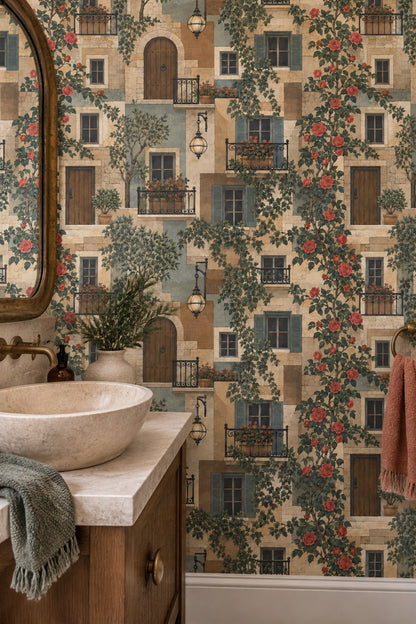 Mediterranean Stone Facade Wallpaper Roses And Shutters