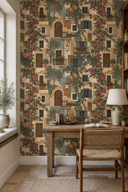 Mediterranean Stone Facade Wallpaper Roses And Shutters